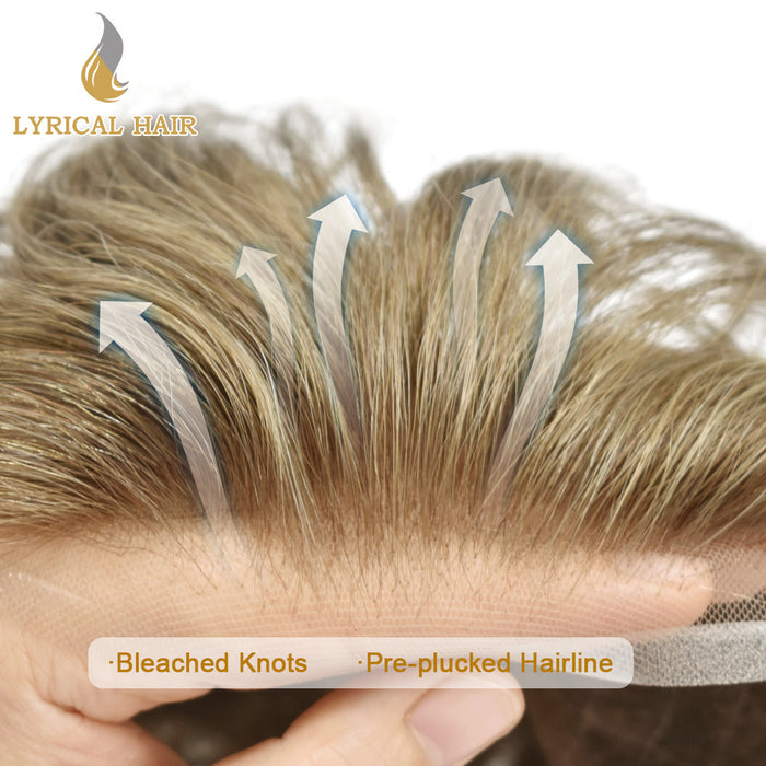 LYRICAL HAIR US STOCK Full French Lace Toupee for Men Hair System Bleached Knots Natural Hairline Mens Hair Piece|Blond