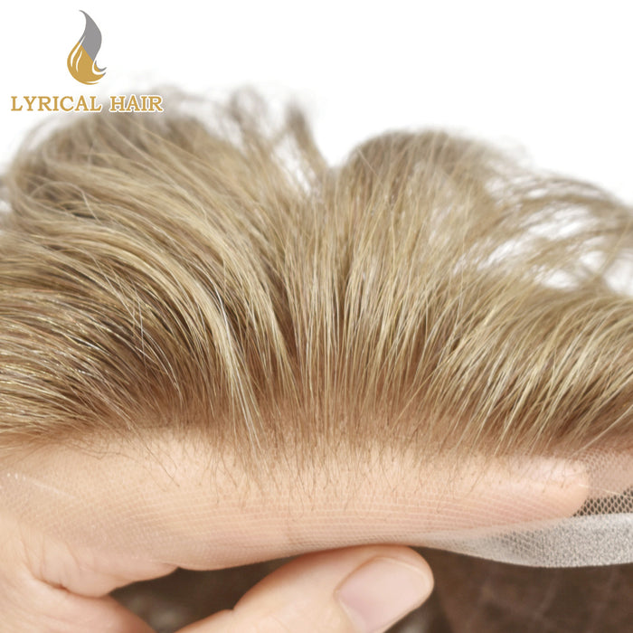 LYRICAL HAIR US Stock French Lace With PU Human Hair System For Men Natural Hairline Bleached  Knots Invisible Knots Toupee for Men | Blond