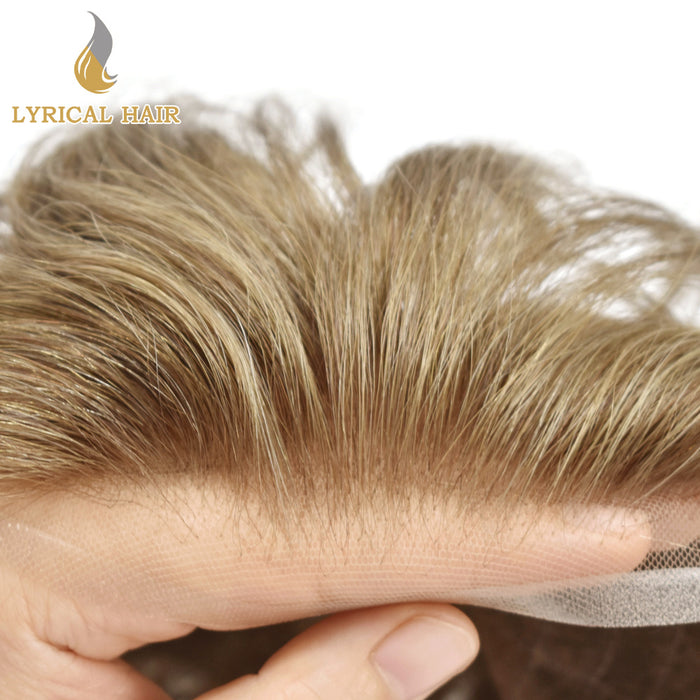 LYRICAL HAIR US Stock French Lace With Poly Coated Human Hair System For Men Natural Hairline Bleached  Knots Invisible Knots Toupee for Men  | Blond