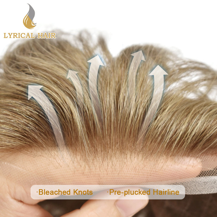 LYRICAL HAIR US Stock French Lace With Poly Coated Human Hair System For Men Natural Hairline Bleached  Knots Invisible Knots Toupee for Men  | Blond