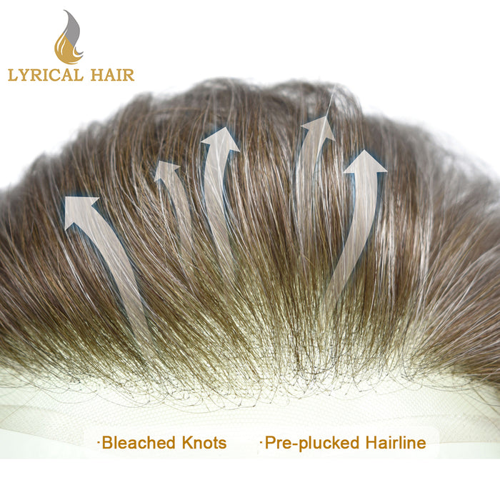 LYRICAL HAIR US STOCK Full French Lace Toupee for Men Hair System Bleached Knots Natural Hairline Mens Hair Piece|gray