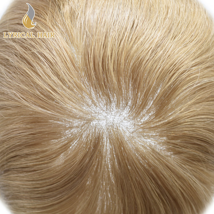 LYRICAL HAIR US Stock French Lace With PU Human Hair System For Men Natural Hairline Bleached  Knots Invisible Knots Toupee for Men | Blond