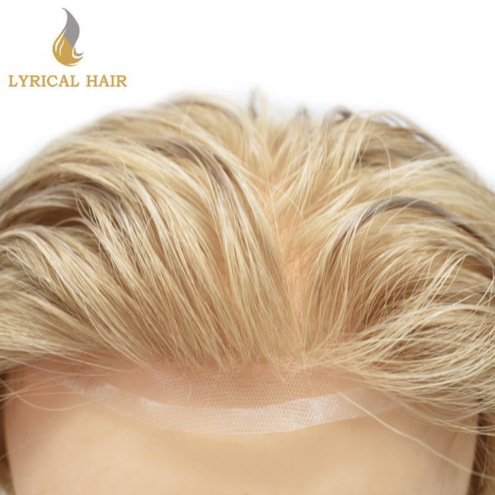 LYRICAL HAIR US Stock French Lace With PU Human Hair System For Men Natural Hairline Bleached  Knots Invisible Knots Toupee for Men | Blond