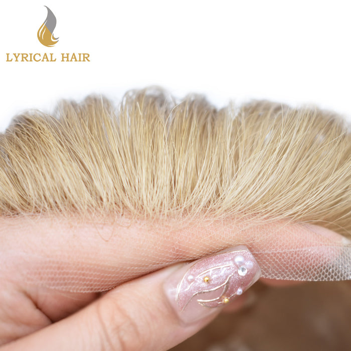 LYRICAL HAIR US Stock French Lace With PU Human Hair System For Men Natural Hairline Bleached  Knots Invisible Knots Toupee for Men | Blond