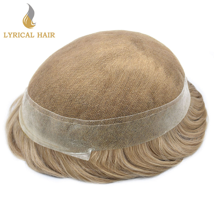 LYRICAL HAIR Human Hairpiece French Lace Mens Toupee Poly Skin Around Mens Hair System |Blond