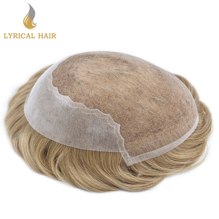 LYRICAL HAIR US Stock French Lace With PU Human Hair System For Men Natural Hairline Bleached  Knots Invisible Knots Toupee for Men | Blond