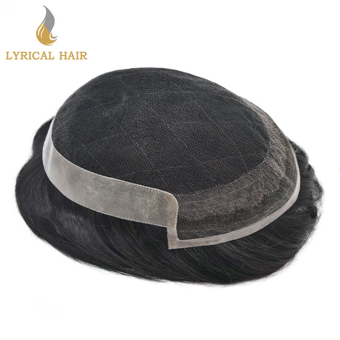 LYRICAL HAIR US Stock French Lace With Poly Coated Human Hair System For Men Natural Hairline Bleached  Knots Invisible Knots Toupee for Men  | Black