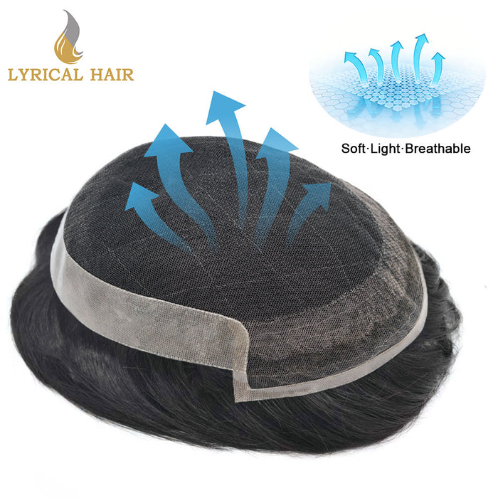 LYRICAL HAIR US Stock French Lace With Poly Coated Human Hair System For Men Natural Hairline Bleached  Knots Invisible Knots Toupee for Men  | Black
