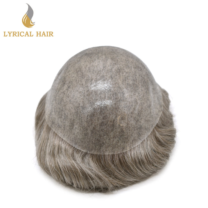 LYRICAL HAIR 0.10mm Thickness Durable Skin Knotted PU Human Hair System For Men 100% Hand Tied Woven Toupee for Men | Gray