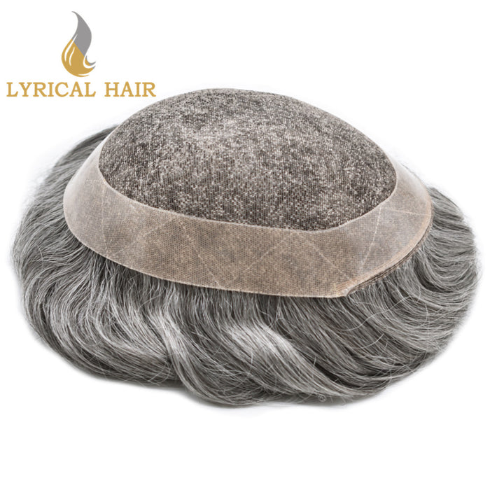 LYRICAL HAIR US Stock French Lace Hair System for Men PU Coated Mens Hairpiece Center Lace Human Toupee for Men|Gray