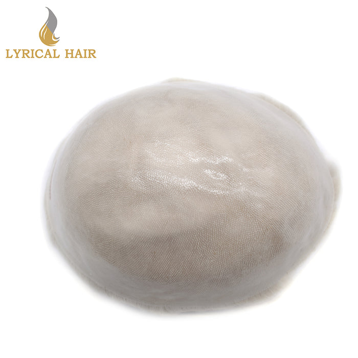 LYRICAL HAIR 0.10mm Thickness Durable Skin Knotted PU Human Hair System For Men 100% Hand Tied Woven Toupee for Men | White