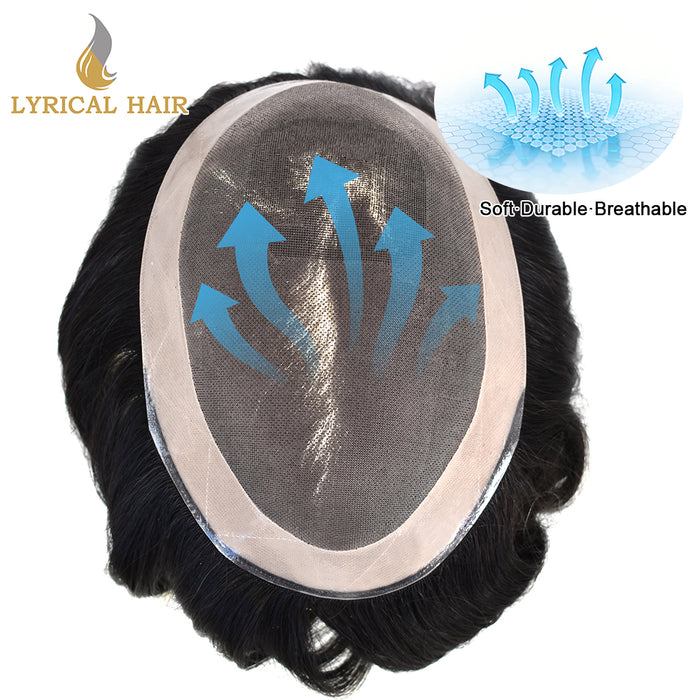 LYRICAL HAIR US Stock Human Hair System For Men Monofilament Top PU Around Lace Folded In The Very Front Natural Hairline Hairpiece | Black