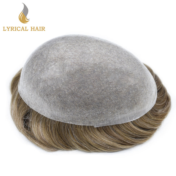 LYRICAL HAIR US Stock 0.08mm Thickness Natural&Durable Knotted Thin Skin PU Human Hair System For Men V-Looped Knots Mens Hairpieces Natural Hairline Toupee for Men   | Blond