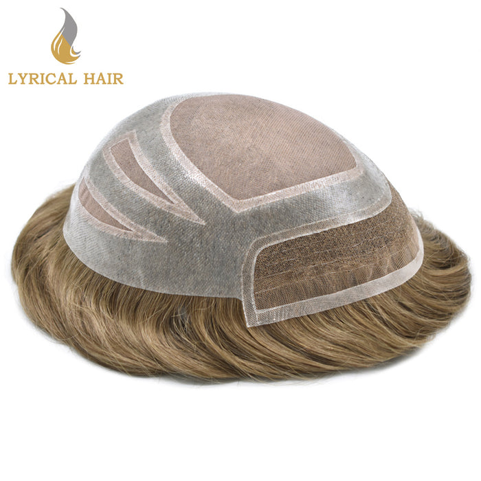 LYRICAL HAIR Fine Mono Poly Skin Mens Hair Pieces French Lace Front Men Toupee Hair Replacement System for Men |Blond