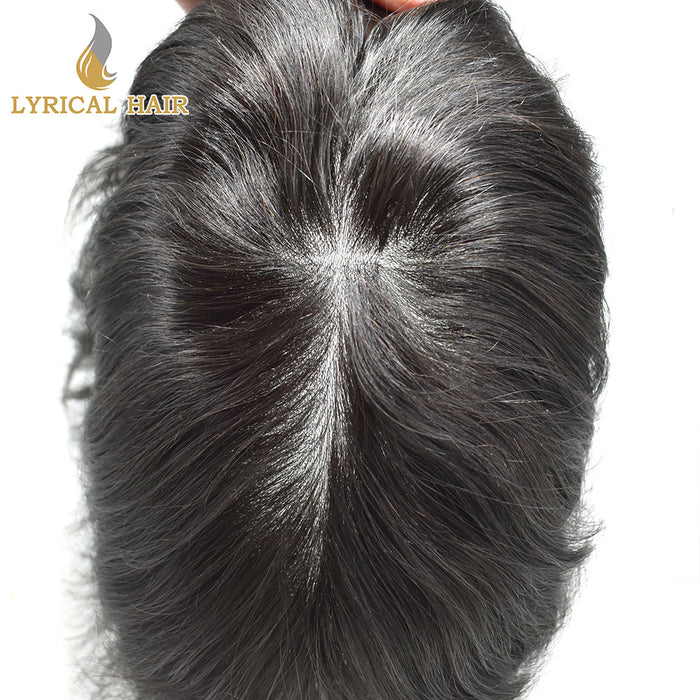 LYRICAL HAIR US Stock 0.08mm Thickness Natural&Durable Knotted Thin Skin PU Human Hair System For Men V-Looped Knots Mens Hairpieces Natural Hairline Toupee for Men   | Black