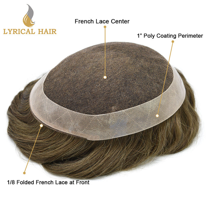 LYRICAL HAIR US Stock French Lace Hair System for Men PU Coated Mens Hairpiece Center Lace Human Toupee for Men|Blond