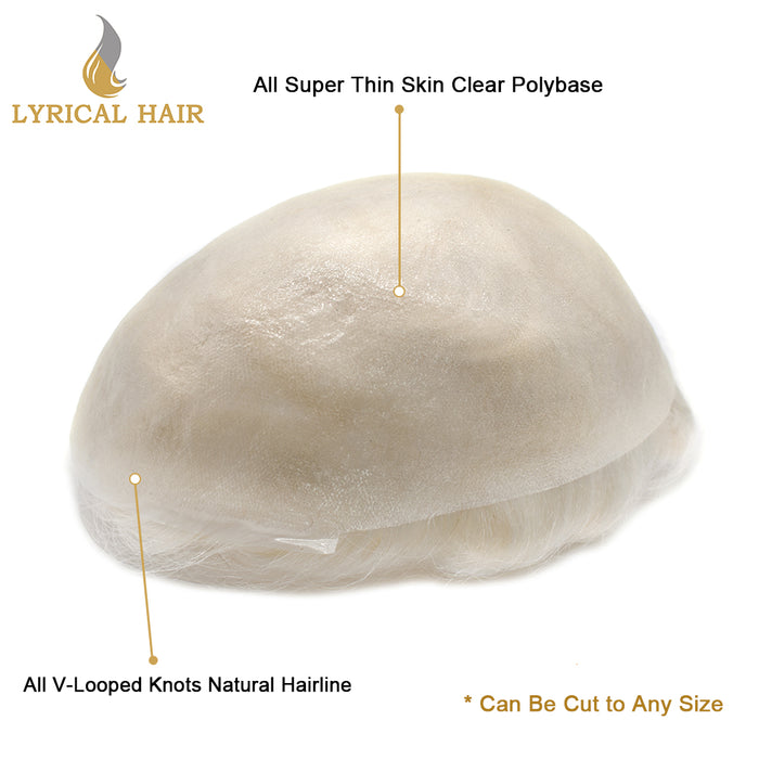 LYRICAL HAIR Mens Toupee 0.06mm Ultra Thin Skin Hair Replacement System for Men V-Looped Knots Mens Hairpieces Natural Hairline Toupee for Men |White