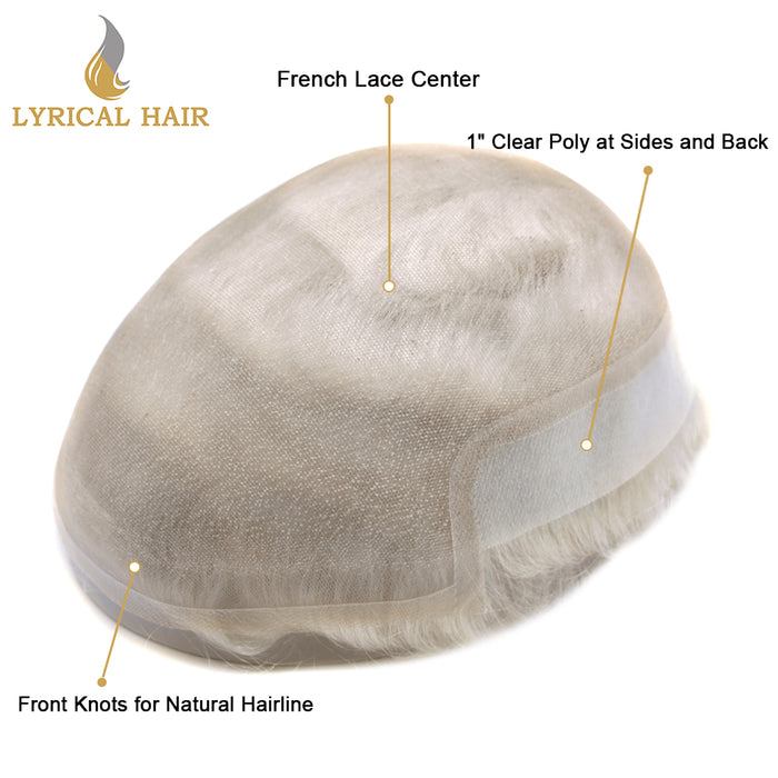 LYRICAL HAIR French Lace Front Mens Toupee Breathable Invisible Knots Human Hairpiece |White