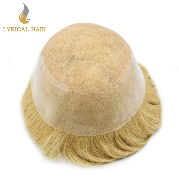 LYRICAL HAIR US Stock Human Hair Swiss Super Welded Lace wIith Poly Natural Hairline Bleached  Knots Toupee for Men  | Blond