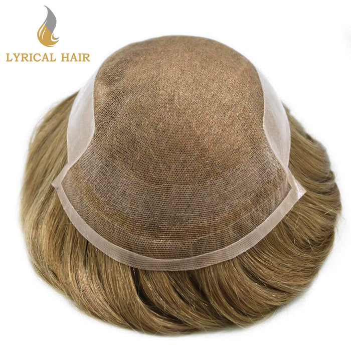 LYRICAL HAIR US Stock French Lace With Poly Coated Human Hair System For Men Natural Hairline Bleached  Knots Invisible Knots Toupee for Men  | Brown