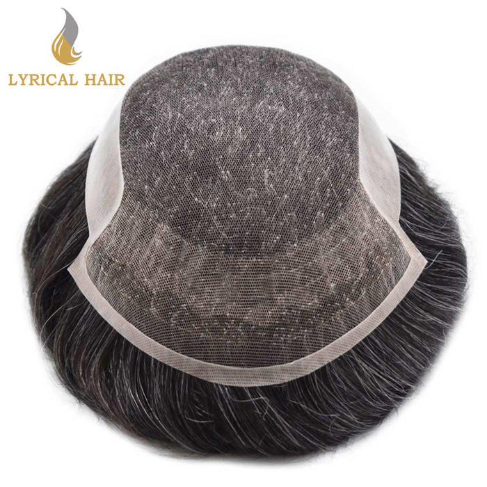 LYRICAL HAIR US Stock French Lace With Poly Coated Human Hair System For Men Natural Hairline Bleached  Knots Invisible Knots Toupee for Men  | Gray