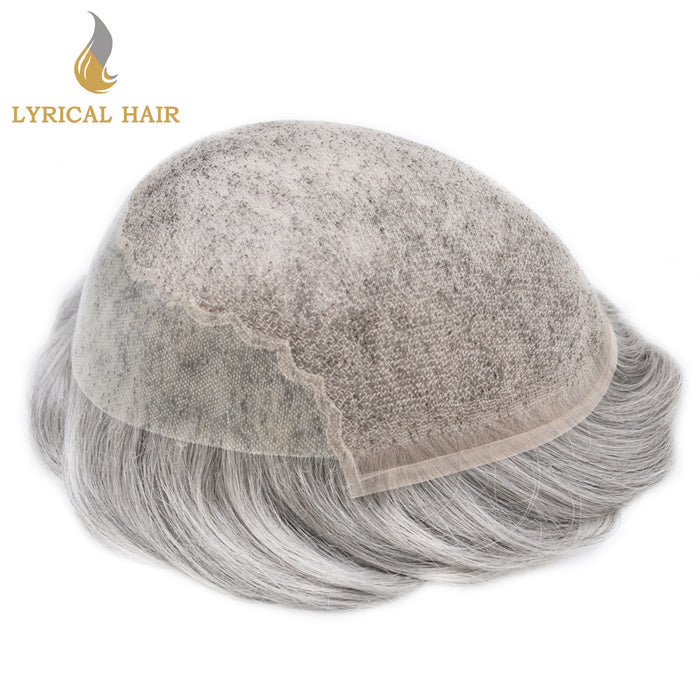 LYRICAL HAIR US Stock Human Hair Swiss Super Welded Lace wIith Poly Natural Hairline Bleached  Knots Toupee for Men  | Gray