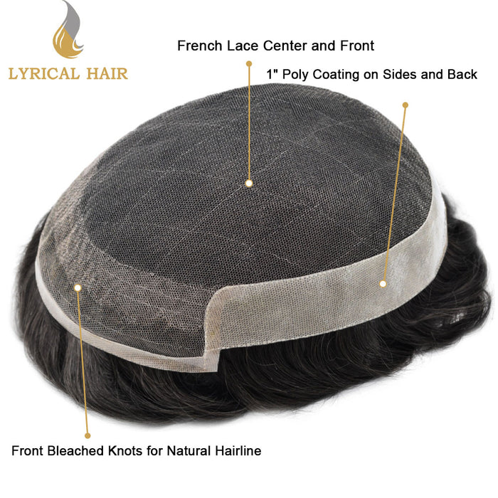 LYRICAL HAIR US Stock French Lace With Poly Coated Human Hair System For Men Natural Hairline Bleached  Knots Invisible Knots Toupee for Men  | Black