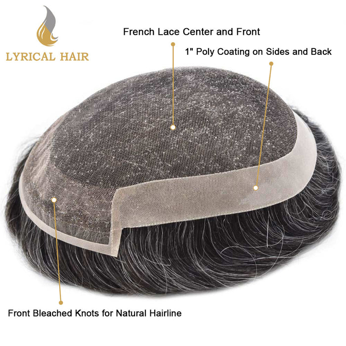 LYRICAL HAIR US Stock French Lace With Poly Coated Human Hair System For Men Natural Hairline Bleached  Knots Invisible Knots Toupee for Men  | Gray