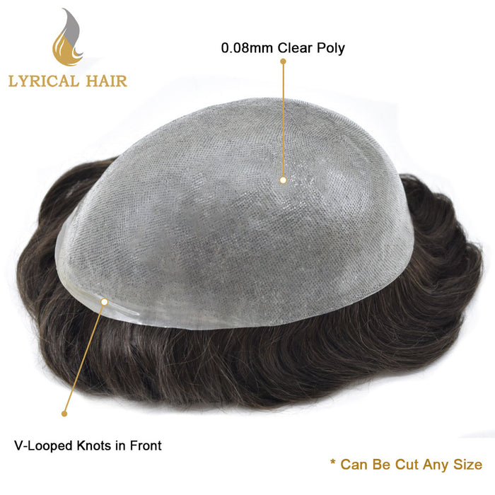 LYRICAL HAIR US Stock 0.08mm Thickness Natural&Durable Knotted Thin Skin PU Human Hair System For Men V-Looped Knots Mens Hairpieces Natural Hairline Toupee for Men|Fast shipping USA