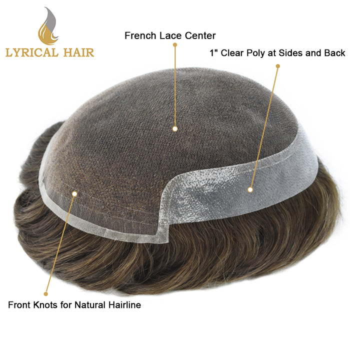LYRICAL HAIR French Lace Front Mens Toupee Breathable Invisible Knots Human Hairpiece |Brown