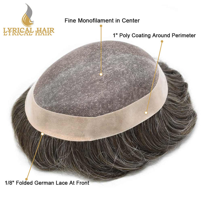 LYRICAL HAIR Hair System for Mens Hair Piece US STOCK Monofilament with PU Coating(NPU) Toupee Folded Lace Front Natural Hairline Mens Toupee|Gray
