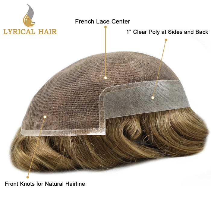 LYRICAL HAIR French Lace Front Mens Toupee Breathable Invisible Knots Human Hairpiece |Blond