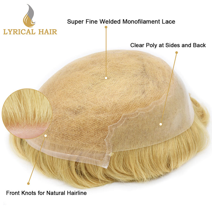 LYRICAL HAIR US Stock Human Hair Swiss Super Welded Lace wIith Poly Natural Hairline Bleached  Knots Toupee for Men  | Blond