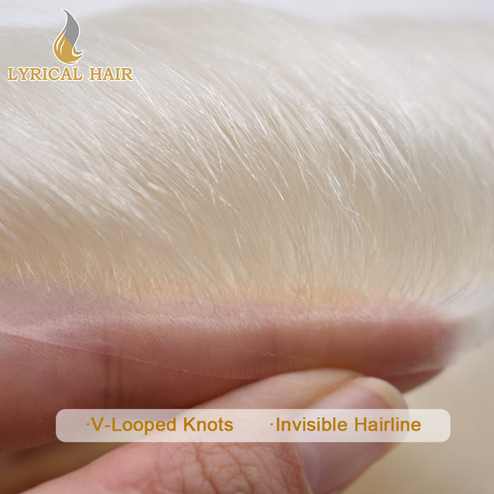 LYRICAL HAIR Mens Toupee 0.06mm Ultra Thin Skin Hair Replacement System for Men V-Looped Knots Mens Hairpieces Natural Hairline Toupee for Men |White