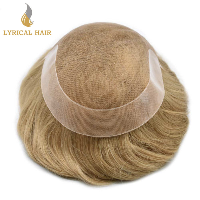LYRICAL HAIR US Stock French Lace With Poly Coated Human Hair System For Men Natural Hairline Bleached  Knots Invisible Knots Toupee for Men  | Blond
