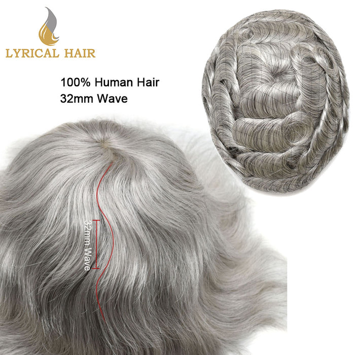 LYRICAL HAIR US Stock Human Hair Swiss Super Welded Lace wIith Poly Natural Hairline Bleached  Knots Toupee for Men  | Gray