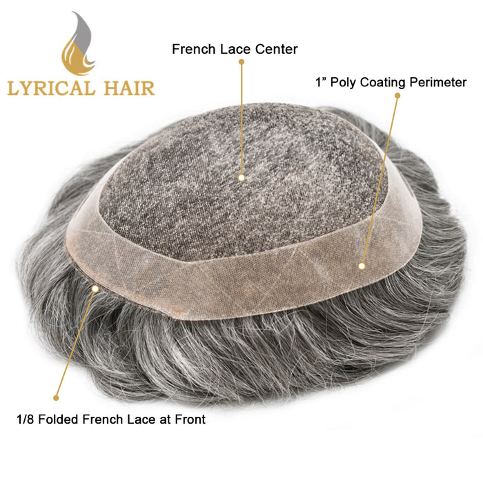 LYRICAL HAIR US Stock French Lace Hair System for Men PU Coated Mens Hairpiece Center Lace Human Toupee for Men|Gray