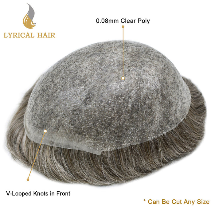 LYRICAL HAIR US Stock 0.08mm Thickness Natural&Durable Knotted Thin Skin PU Human Hair System For Men V-Looped Knots Mens Hairpieces Natural Hairline Toupee for Men   | Gray