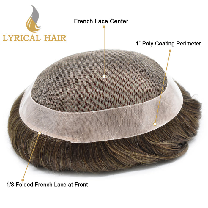 LYRICAL HAIR US Stock French Lace Hair System for Men PU Coated Mens Hairpiece Center Lace Human Toupee for Men|Brown