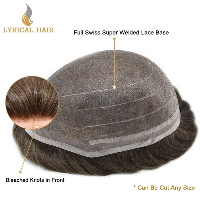 LYRICAL HAIR Full Swiss Super Welded Lace Mens Toupee US STOCK Bleached Knots Men Hair Piece Natural looking Icon Lace Toupee for Men|Brown