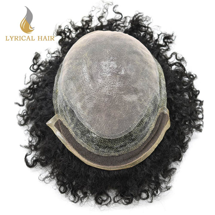 Afro Men Hair Units for Black Men Hair System French Lace with Injected PU Skin Non Surgical Mens Toupee for African American Men Hair Piece Man Weave 4-14mm Afro Curl Mens Hair Units