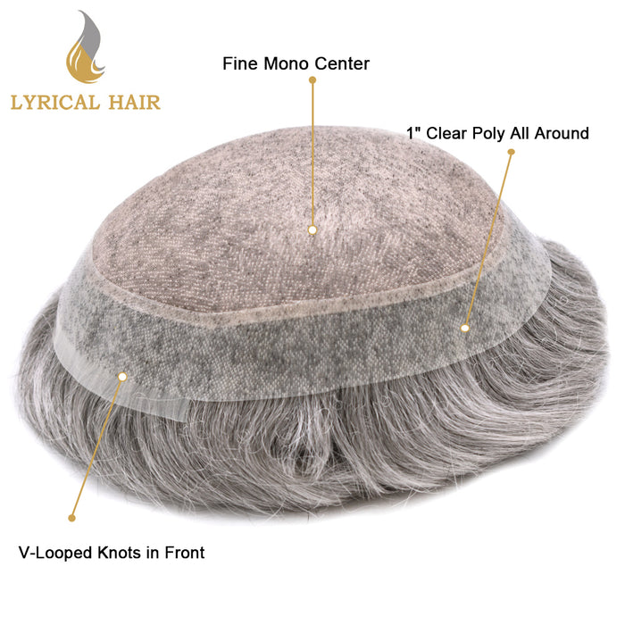 LYRICAL HAIR Human Hair System For Men Fine Monofilament With PU Hairpieces For Men  | Gray