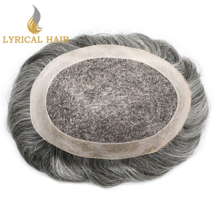 LYRICAL HAIR US Stock French Lace Hair System for Men PU Coated Mens Hairpiece Center Lace Human Toupee for Men|Gray