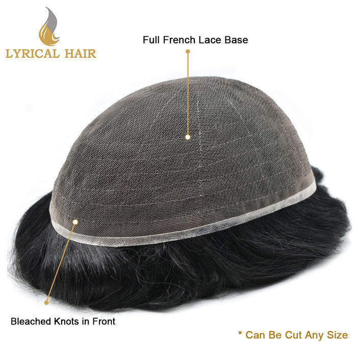 LYRICAL HAIR US STOCK Full French Lace Toupee for Men Hair System Bleached Knots Natural Hairline Mens Hair Piece|Black