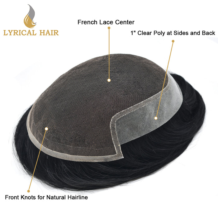 LYRICAL HAIR French Lace Front Mens Toupee Breathable Invisible Knots Human Hairpiece
