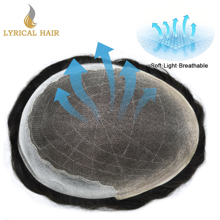 LYRICAL HAIR US Stock Human Hair Swiss Super Welded Lace wIith Poly Natural Hairline Bleached  Knots Toupee for Men  | Black
