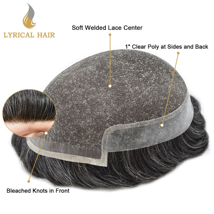 LYRICAL HAIR Hair System For Men Soft Welded Lace Base Front Human Hairpiece Bleached Knot Natural Hairline Hair System|Gray