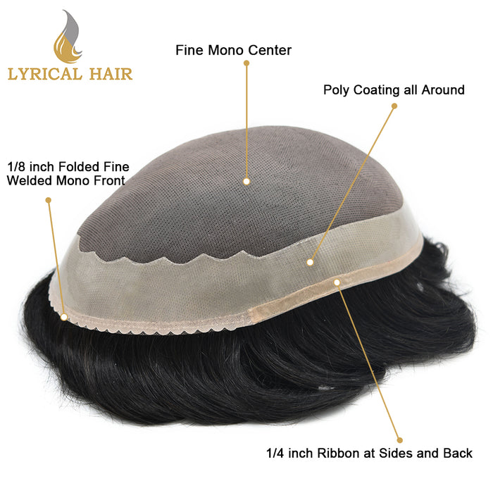 LYRICAL HAIR US STOCK Men Toupee Fine Monofliament Durable Mens Hair System Human Hair Mens Hairpiece