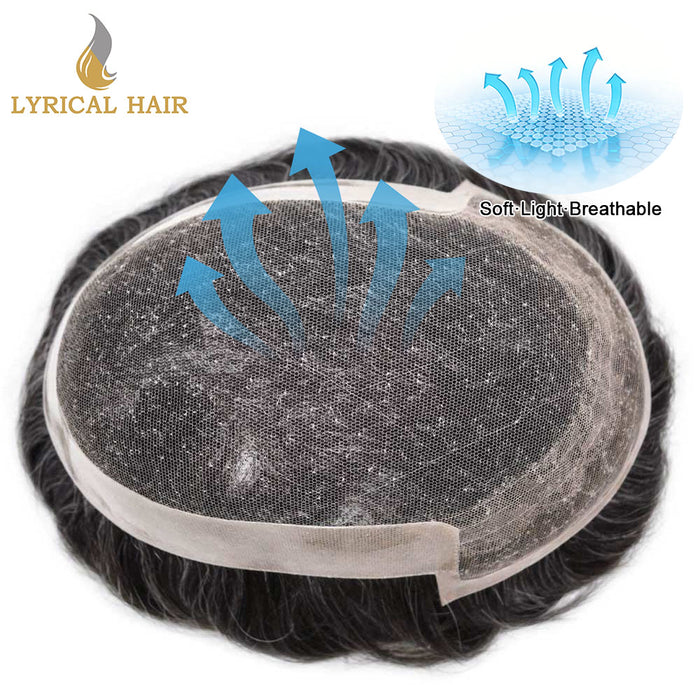 LYRICAL HAIR US Stock French Lace With Poly Coated Human Hair System For Men Natural Hairline Bleached  Knots Invisible Knots Toupee for Men  | Gray