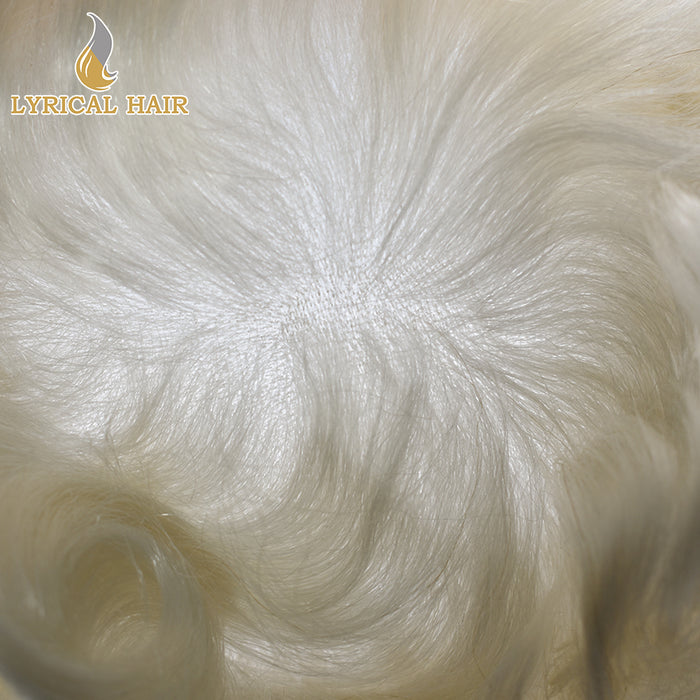 LYRICAL HAIR 0.10mm Thickness Durable Skin Knotted PU Human Hair System For Men 100% Hand Tied Woven Toupee for Men | White